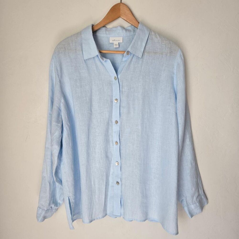 J. Jill Love Linen Light Blue Long Sleeve Button Down Shirt Size L Petite